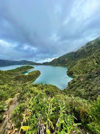 Scenic view of lake and mountains against sky