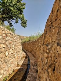 Footpath by wall against clear sky