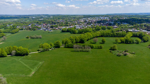 Aerial view of landscape in the eifel region with the city simmerath, forest and farmland