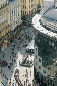 High angle view of people on city street