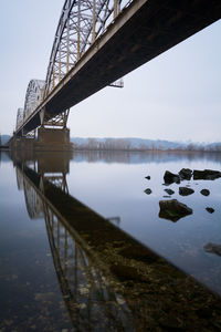 Railway bridge and reflection over river