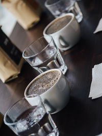 High angle view of coffee cup on table