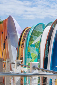 Low angle view of surf boards against sky