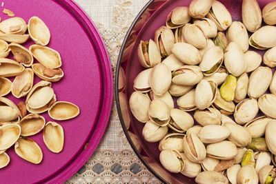 Directly above shot of pistachio in container on table