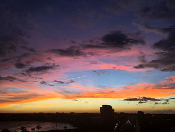 Silhouette of city at sunset