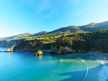 Scenic view of sea and mountains against sky