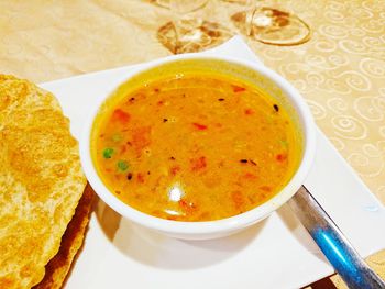 High angle view of soup in bowl on table