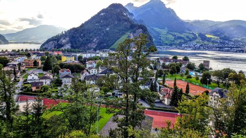 View of townscape with mountain in background