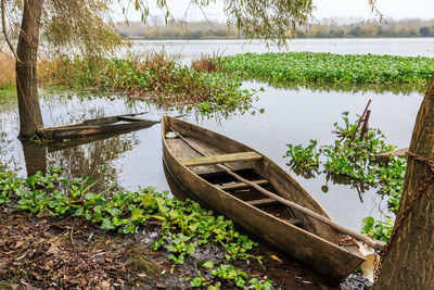 Boat floating on lake against trees