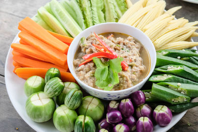 High angle view of salad in bowl on table