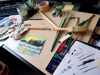 High angle view of multi colored pencils on table