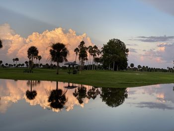 Reflection of trees on lake against sky during sunset