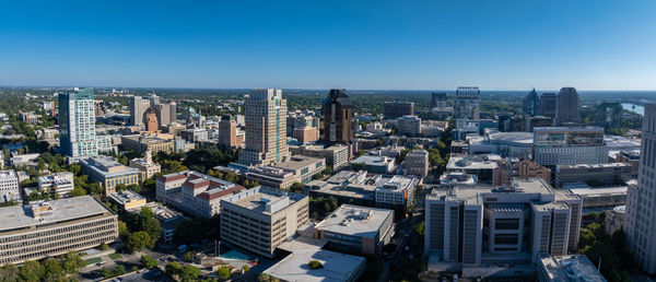 High angle view of cityscape against clear sky