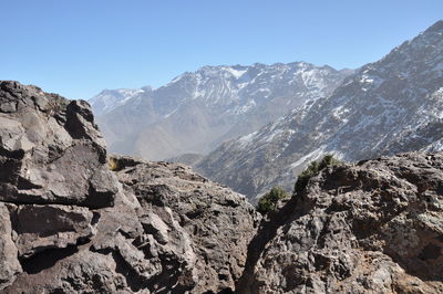 Scenic view of snowcapped mountains against clear sky