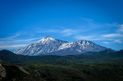 Scenic view of mountains against blue sky