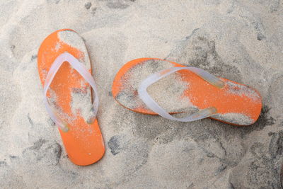 High angle view of human hand on sand