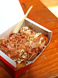 High angle view of food in bowl on table