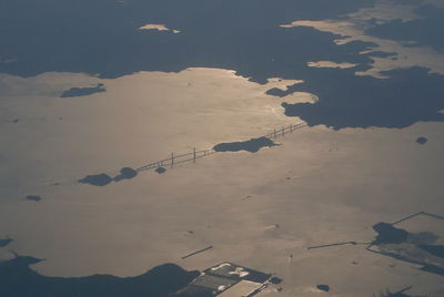 High angle view of agricultural landscape against sky