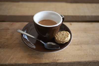 High angle view of coffee cup on table
