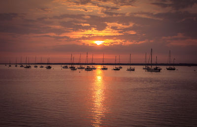 Sailboats moored in sea against sky during sunset