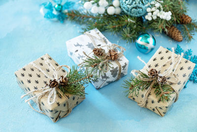 High angle view of christmas decorations on table