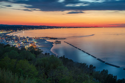 High angle view of city at sunset