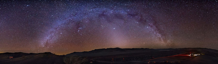 Panoramic shot of landscape against star field
