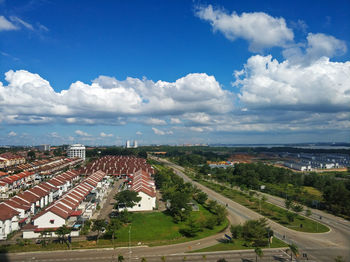 High angle view of buildings against sky