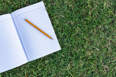 Directly above shot of book and pencil on grassy field