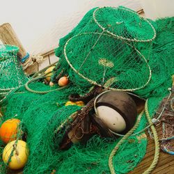 High angle view of commercial fishing net on boat