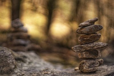 Close-up of stone stack on rock