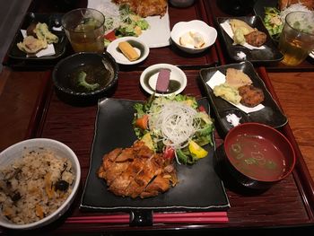 High angle view of food served on table