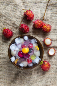 Directly above shot of fruit jelly in bowl on table