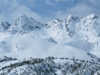 Scenic view of snow covered mountains against sky