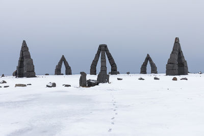 Panoramic shot of snow covered land against clear sky