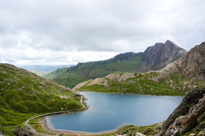 Scenic view of mountains against cloudy sky