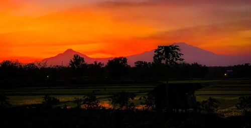 Scenic view of silhouette field against orange sky