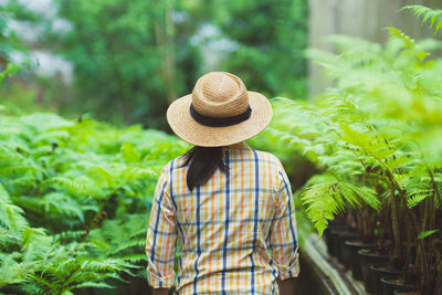 Rear view of man wearing hat standing against trees