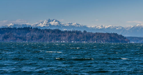 Scenic view of sea by mountain against sky