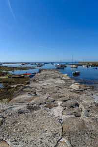 Scenic view of sea against clear blue sky