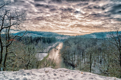 Scenic view of landscape against sky during winter