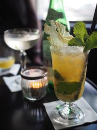 Close-up of beer in glass on table