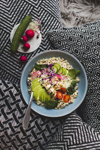 High angle view of salad in bowl on table