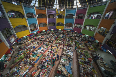 High angle view of multi colored umbrellas in market