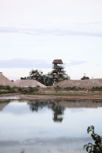 Scenic view of lake by building against sky