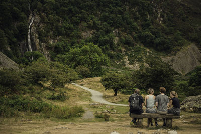 Rear view of people sitting on road along trees