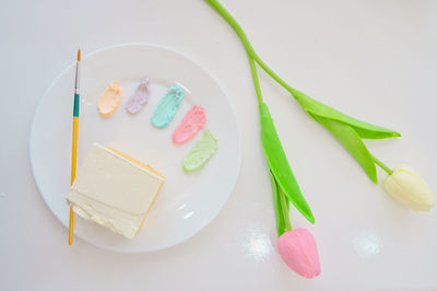 High angle view of food in plate on table