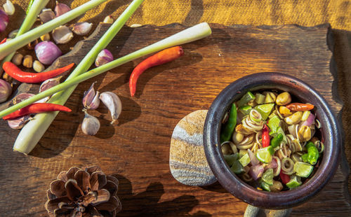 High angle view of vegetables in bowl on table