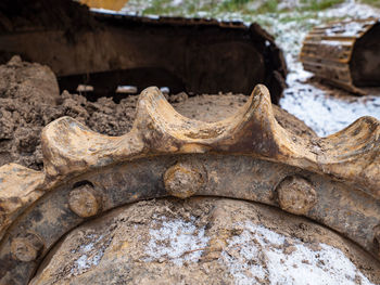 Detail of chain gear of tracked vehicle. crawler tracks hydraulics on a tractor or excavator. 