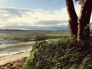 Scenic view of sea against cloudy sky